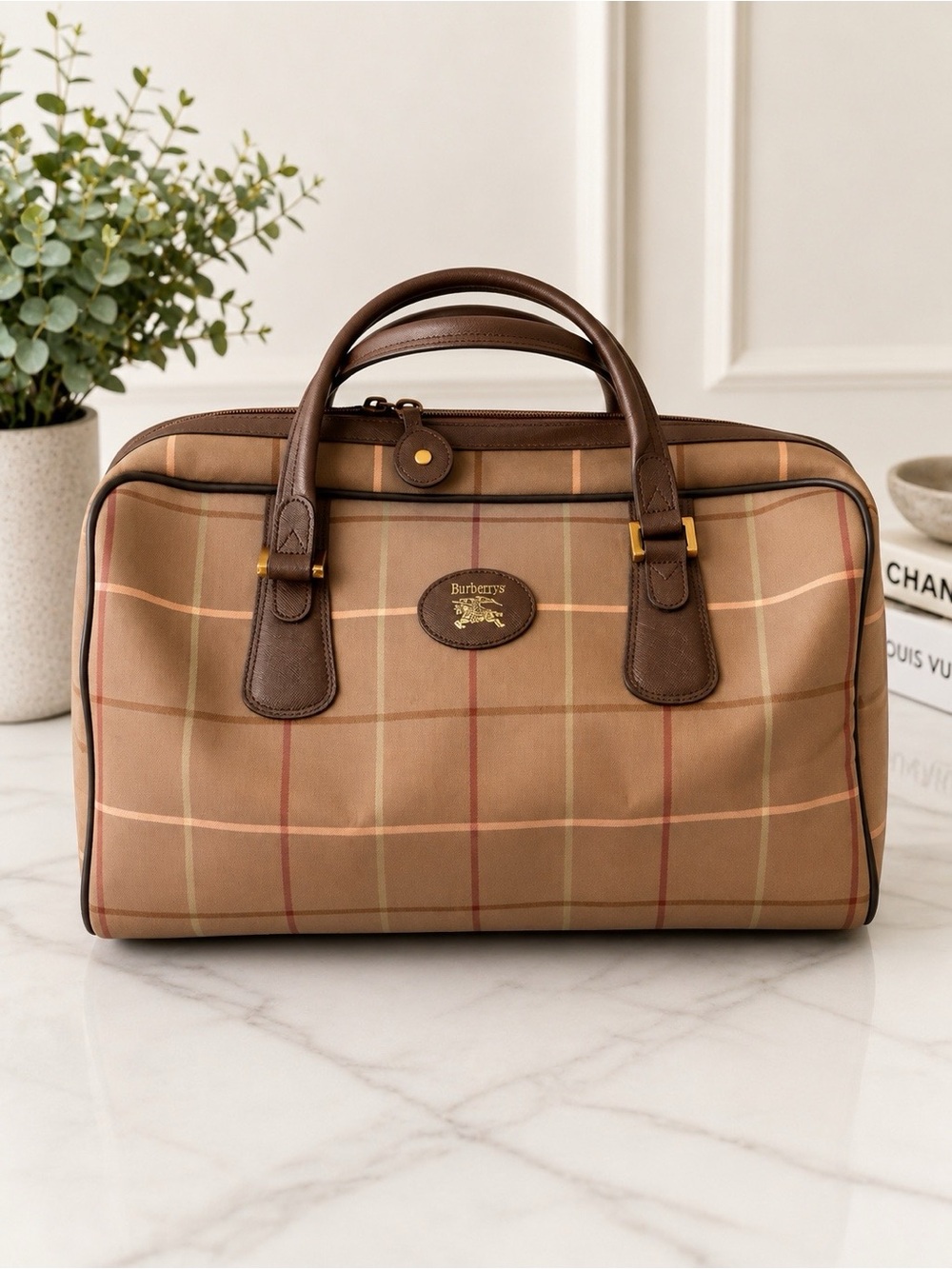 Vintage Burberrys London Plaid Duffle Brown Leather Trim -Authenticated